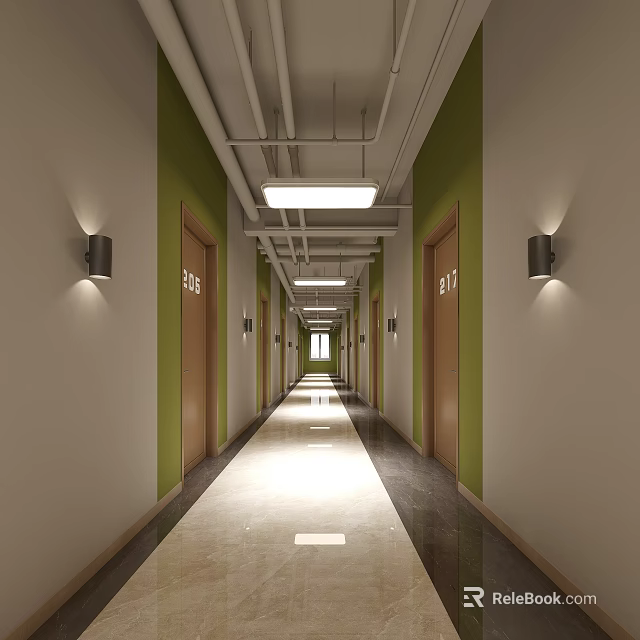 Office Corridor with Green Walls White Ceiling Linear Lights Brown Numbered Doors Light Colored Floor 3d model 