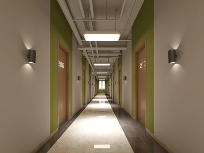 Office Corridor with Green Walls White Ceiling Linear Lights Brown Numbered Doors Light Colored Floor 3d model