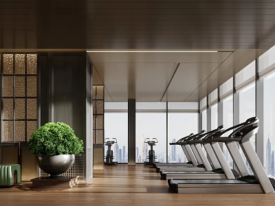 Modern Gym With Treadmills Green Plants Wooden Floors And Large Windows 3d model