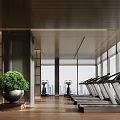 Modern Gym With Treadmills Green Plants Wooden Floors And Large Windows