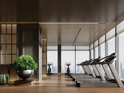 Modern Gym With Treadmills Green Plants Wooden Floors And Large Windows 3d model