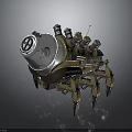Industrial Mechanical Machinery Featuring Metal Shell Multiple Pipes Claw Legs And Glowing Elements