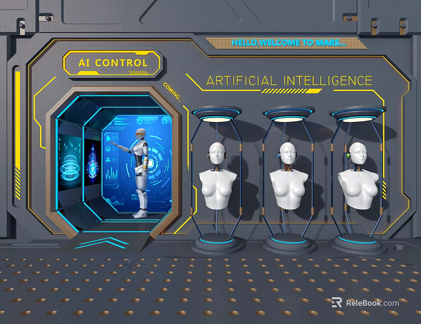 Hi Tech AI Control Room With Artificial Intelligence Interface And Humanoid Models 3d model 