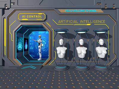 Hi Tech AI Control Room With Artificial Intelligence Interface And Humanoid Models 3d model