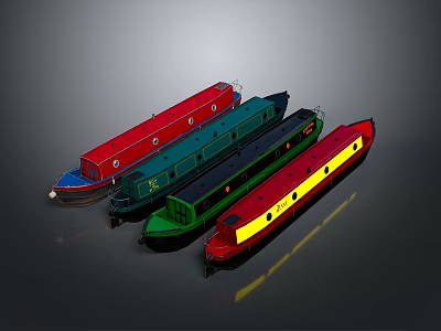 Colorful Narrowboats In Red Blue Green And Yellow Hues Lined Together 3d model