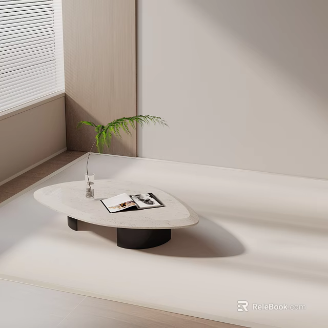 Minimalist Sofa Coffee Table Combination with White Marble Top Black Base and Green Plant Magazine 3d model 