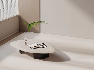 Minimalist Sofa Coffee Table Combination with White Marble Top Black Base and Green Plant Magazine 3d model