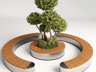 Circular Outdoor Wooden Chair with Central Tree and Metal Frame Design 3d model