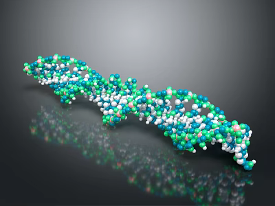 3D DNA Molecular Structure Model With Green Blue White Spheres On Dark Background 3d model