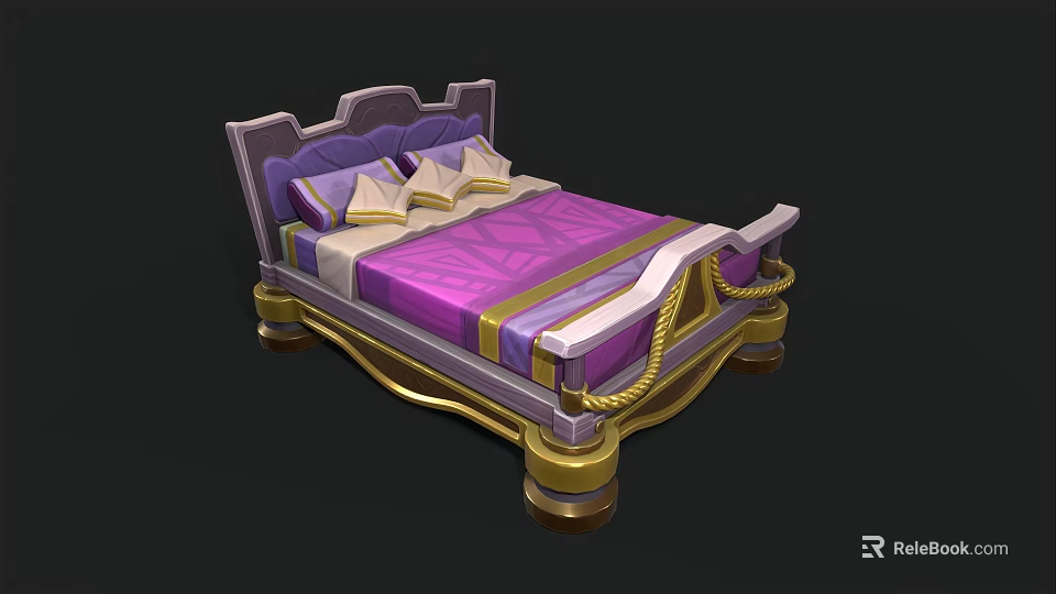 Elegant Single Bed with Purple Mattress Gold Accents and Decorative Pillows 3d model 