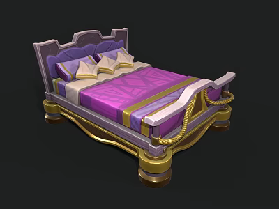 Elegant Single Bed with Purple Mattress Gold Accents and Decorative Pillows 3d model