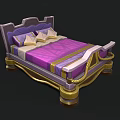Elegant Single Bed with Purple Mattress Gold Accents and Decorative Pillows