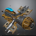 Futuristic Orange And Silver Cosmic Spaceship With Blue Lights And Advanced Structure