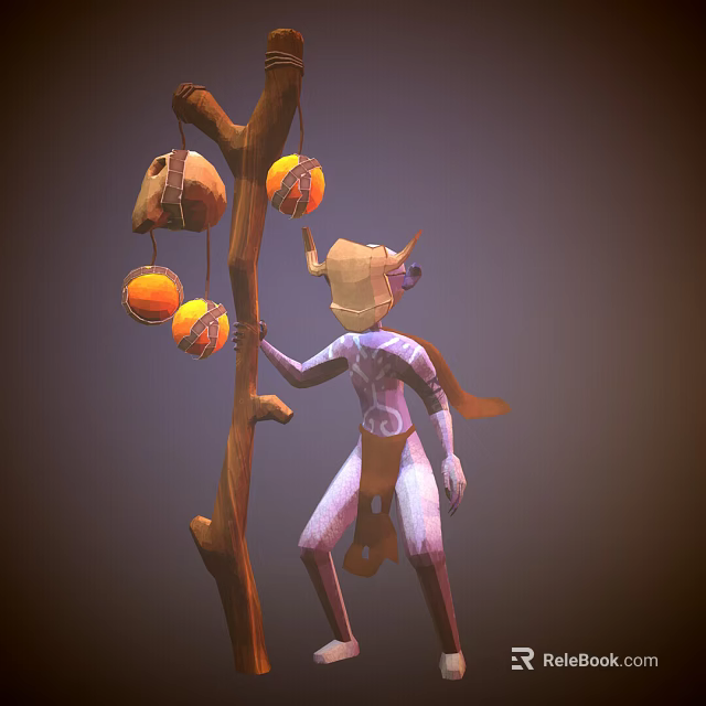 Horned Cloaked Character Holding Tree Branch With Hanging Creature Eggs 3d model 