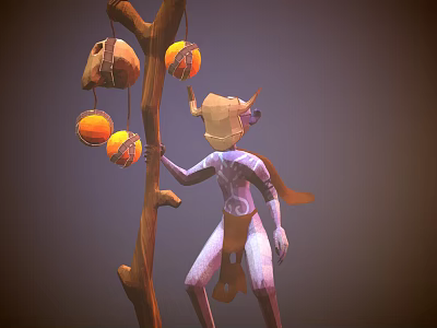 Horned Cloaked Character Holding Tree Branch With Hanging Creature Eggs 3d model