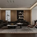 Modern Living Room With Dark Sofas And Stylish Decor 3d model