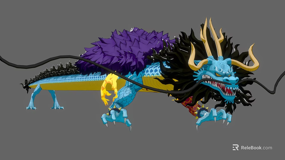 Mythical Blue Dragon Game Movie Character With Purple Mane Yellow Claws Black Horns 3d model 