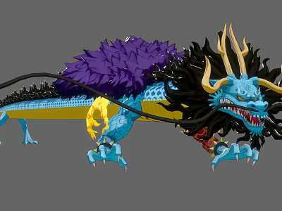 Mythical Blue Dragon Game Movie Character With Purple Mane Yellow Claws Black Horns 3d model