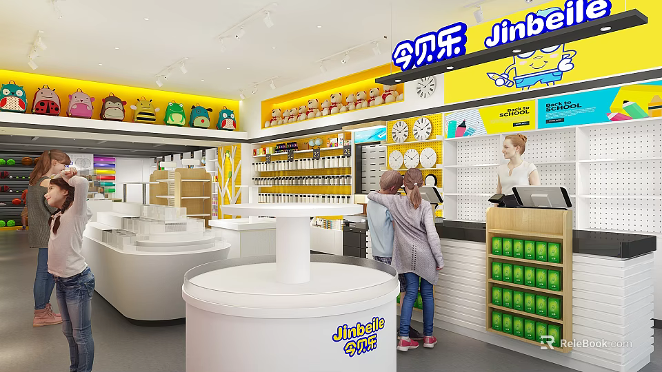 Jinbei Kids Specialty Store With Yellow White Interior Toys Display Counters And Shopping Customers 3d model 