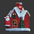 Red Christmas House Decoration With Snow Covered Roof Green Wreath Santa Claus And Tree