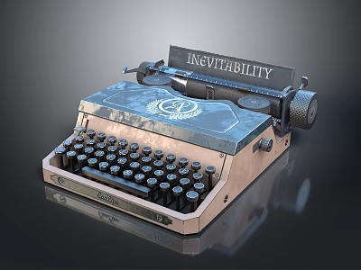 Vintage Typewriter With Inevitability Sign Metal Wooden Structure And Black Keys 3d model