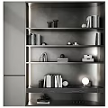 Modern Decorative Items Set Display On Grey Bookshelf With Books And Soft Lighting 3d model