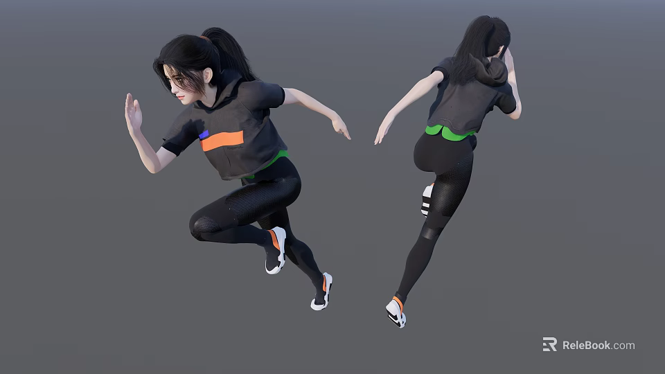 A Woman in Black Sportswear With Orange and Green Accents in Dynamic Running Pose 3d model 