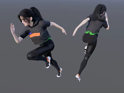 A Woman in Black Sportswear With Orange and Green Accents in Dynamic Running Pose 3d model