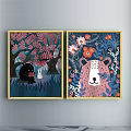Colorful Abstract Paintings With Golden Frames For Modern Interior Decor On Gray Wall