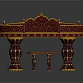 Elegant Semicircular Dark Red Furniture Table With Golden Accents Marble Top And Matching Stool