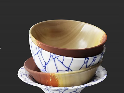Colorful Textured Dinnerware Set Featuring Stacked Bowls Plates with Blue White Crackle Pattern 3d model