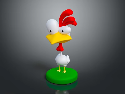 Cartoon Rooster With White Body Red Comb Yellow Beak And Feet On Green Circular Base 3d model
