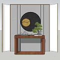 Wooden Console Table With Potted Plant Circular Decor And Screen Background 3d model