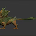Mythical Creature 3D Model With Green Yellow Mane Scales And Horns Standing Pose