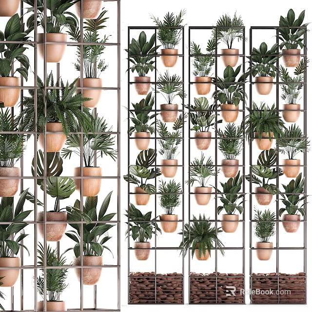 Decorative Plant Pot Arrangement With Metal Grid Panel And Green Plants 3d model 