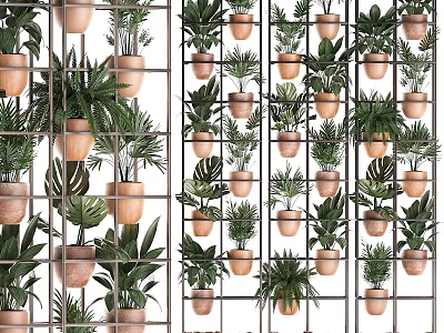 Decorative Plant Pot Arrangement With Metal Grid Panel And Green Plants 3d model