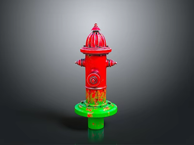 Red Fire Hydrant With Green Base And Rusty Spots In Urban Outdoor Area 3d model