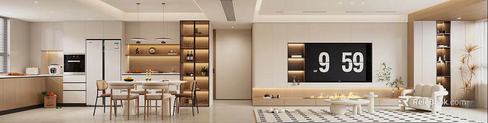 Modern Living Dining Room Design With White Cabinets Wine Rack Dining Table And Lighting Strips 3d model 