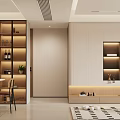 Modern Living Dining Room Design With White Cabinets Wine Rack Dining Table And Lighting Strips