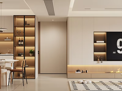 Modern Living Dining Room Design With White Cabinets Wine Rack Dining Table And Lighting Strips 3d model