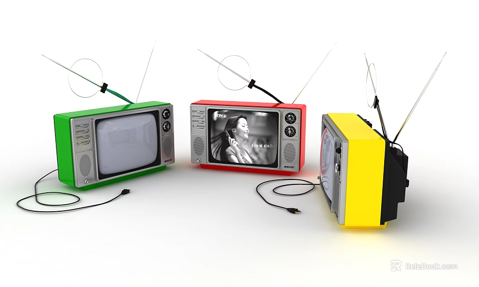 Colorful Vintage Televisions With Antennas And Black White Photo 3d model 
