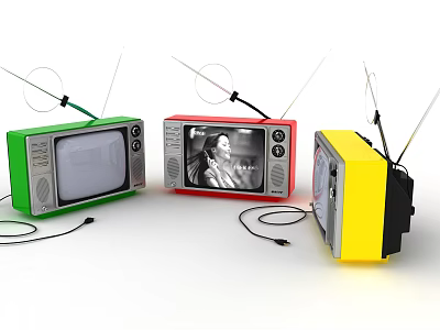Colorful Vintage Televisions With Antennas And Black White Photo 3d model