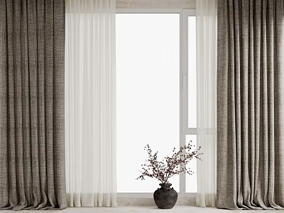 Gray And White Linen Curtains By Window With Vase Holding Branches In Interior 3d model