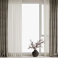 Gray And White Linen Curtains By Window With Vase Holding Branches In Interior