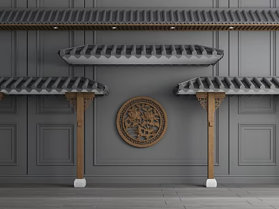 Traditional Chinese Architectural Components Featuring Eaves Wooden Pillars And Circular Carved Decoration On Gray Wall 3d model