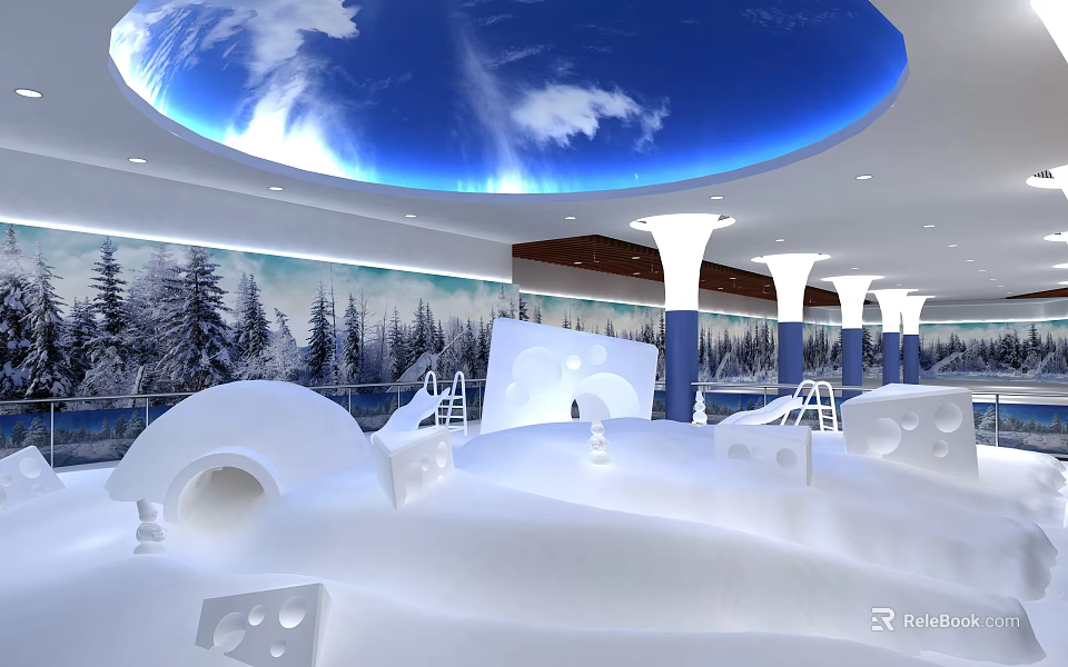 Indoor Snow Fitness Area With Ice Sports Facilities Ski Slopes And Snowy Pine Background 3d model 