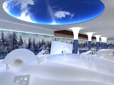 Indoor Snow Fitness Area With Ice Sports Facilities Ski Slopes And Snowy Pine Background 3d model