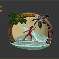 Woman Surfing on Waves with Palm Trees Shara Theme and Water Splash