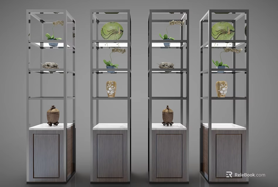 Modern Display Shelving Units with Metal Frames Wooden Bases and Multiple Shelves for Decorative Items 3d model 