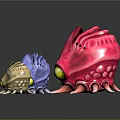 Three Fantasy Game Movie Characters With Blue Pink Beige Bodies Big Yellow Eyes And Tentacles